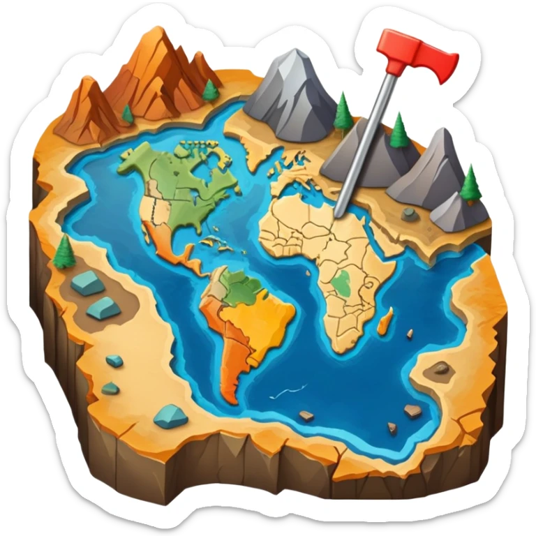 An icon featuring a crowbar and a geological map, and layers of Earth’s crust, symbolizing geology. The design includes mineral samples, fossils, and tectonic plates, representing the study of Earth’s structure and natural processes. Transparent background highlights geological exploration sticker