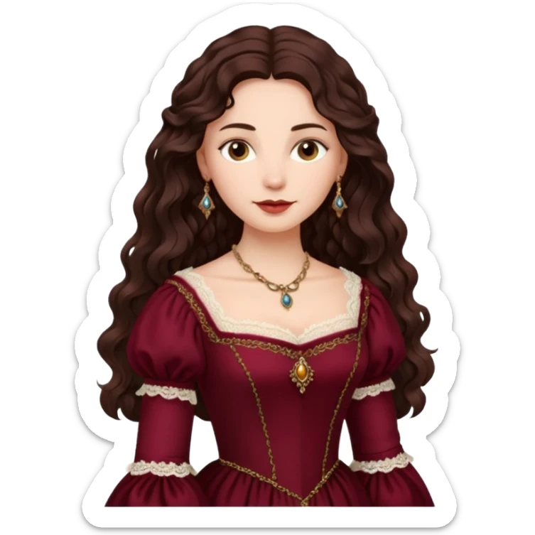 Renaissance lady – long dark brown wavy hair, burgundy gown with lace neckline sticker