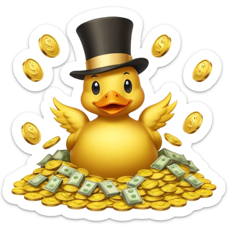 Duck character in top hat swimming in pile of gold coins and money bags sticker