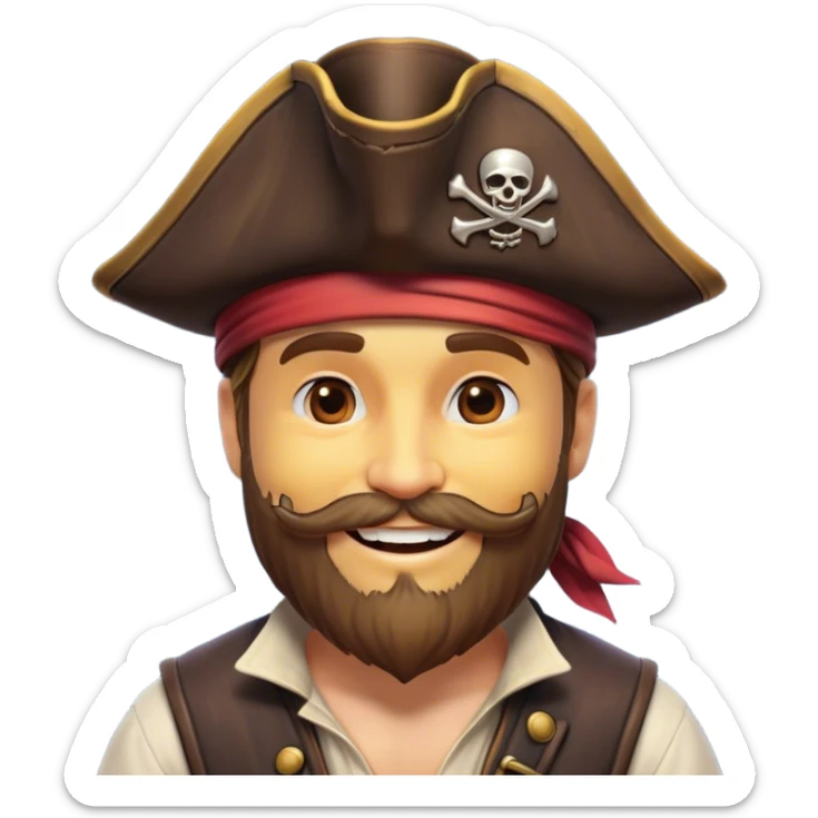 Clash of Clans aesthetic Cheerful Pirate Portrait Emoji, With a bright, confident smile and a relaxed yet adventurous posture, showcasing a stylized, rugged build with a classic pirate hat and a neatly groomed beard, his face in natural skin tone, Simplified yet expressive features, highly detailed, glowing with a soft, luminous maritime radiance, high shine, upbeat and daring, stylized with an air of classic swashbuckler allure, soft glowing outline, capturing the essence of a cheerful pirate ready to chart epic voyages! sticker
