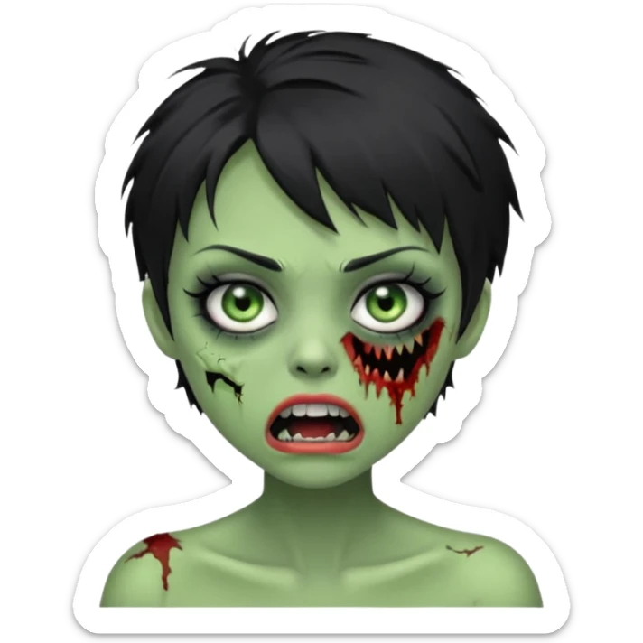 Green zombie girl with messy black short hair with lashes and torn cheek and open mouth  sticker