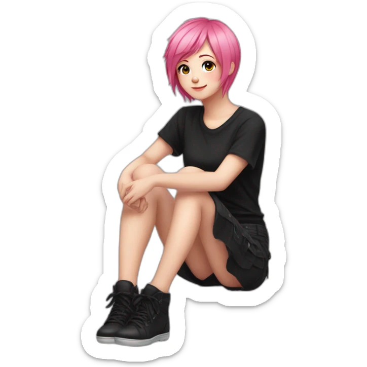 Full body Front view curvy emo girl pink hair sits on the floor straight view hands up black skirt полосатые рваные чулки sticker