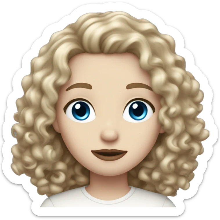 very pale skin, curly dark blonde hair, blue eyes, big lips, white shirt sticker