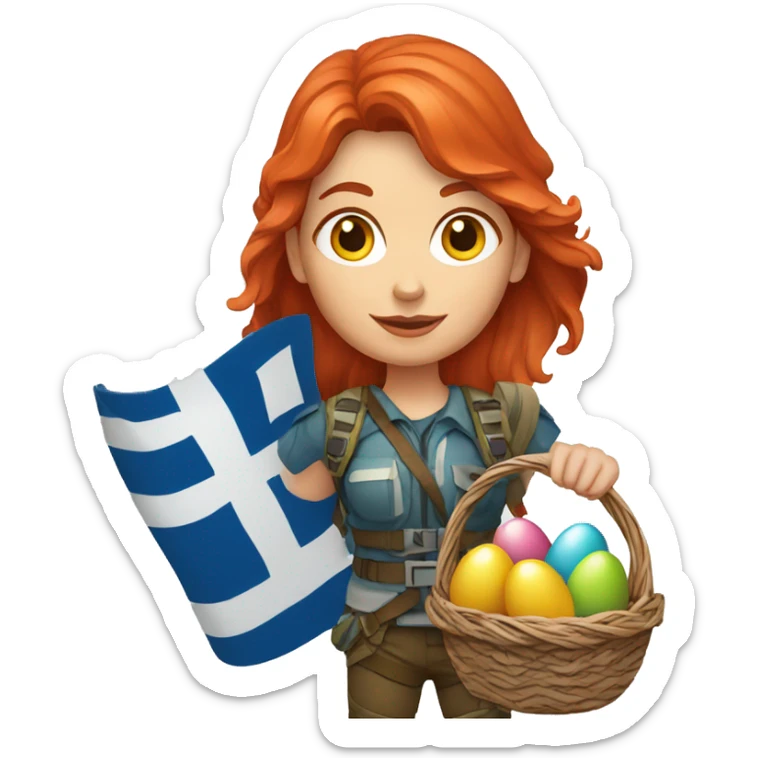 Female mountain climber red hair with Greek flag and holding Easter eggs basket sticker