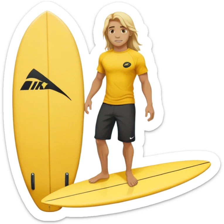 Man Surfer surfing with long blond hair, yellow t-shirt with black Nike logo in center of chest, black baggy sweatpants. On a yellow and white board sticker