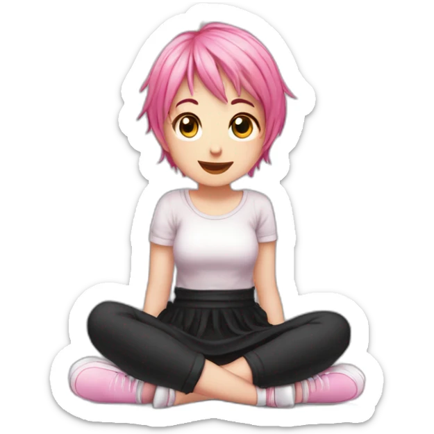 Full body Front view curvy emo girl pink hair sits on the floor straight view hands up black skirt белые трусики полосатые рваные чулки sticker