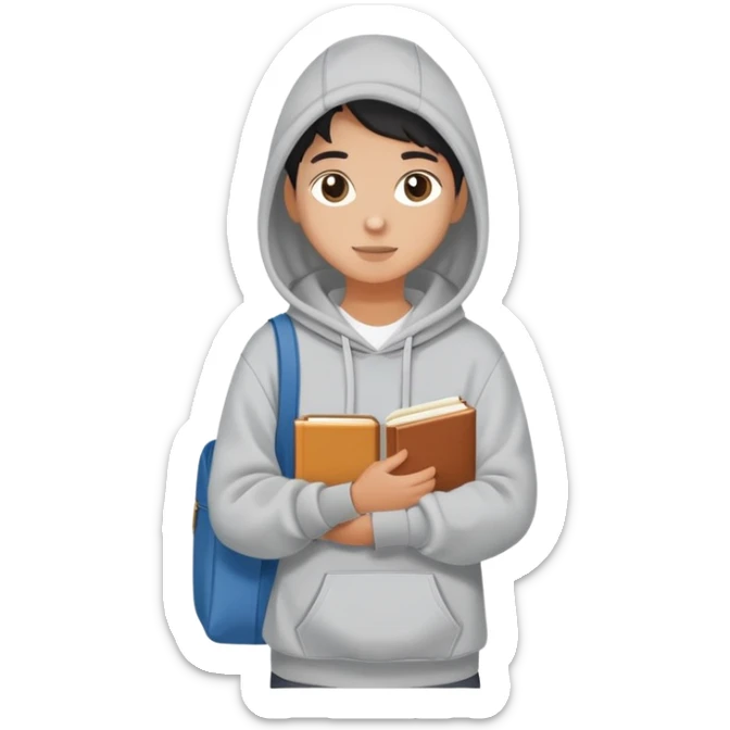 A flat-style illustration of a college student with a tote bag over the shoulder and a book in one hand. The student wears a hoodie. Clean cartoon style, white background, iOS emoji aesthetic. sticker