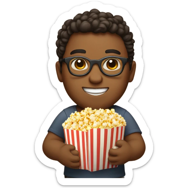 Fat brown-skin boy wearing glasses and holding popcorn in one hand and pinnuts in the other sticker
