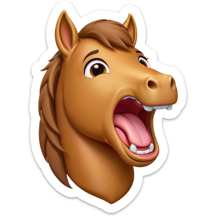 Cinematic Cute Yawning Bay Horse Portrait Emoji, Head tilted slightly with a dramatic, wide-open yawn, revealing a smooth bay fur with a subtle luster, floppy ears slightly drooping, round amber eyes barely open in drowsy contentment, Simplified yet irresistibly adorable features, highly detailed, glowing with a soft, cozy glow, high shine, relaxed yet expressive, stylized with a touch of equine whimsy, bright and endearing, soft glowing outline, capturing the essence of a sleepy yet affectionate horse, so drowsy it feels like it could stretch out of the screen and curl up for a nap! sticker