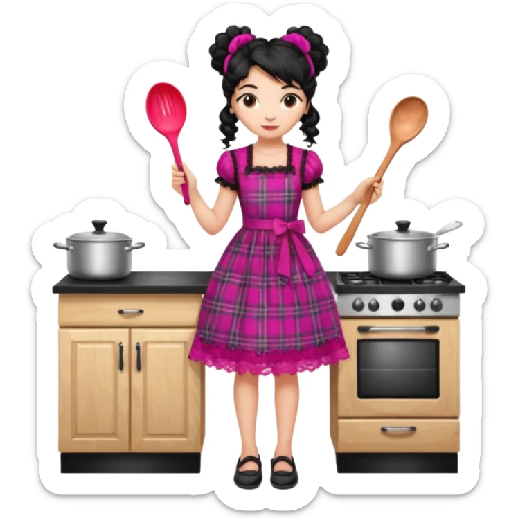 
A beautiful girl wears a fuchsia lace dress with a plaid pattern. Her long, curly black hair is styled in a messy bun. She wears accessories and holds a wooden kitchen spoon. She is standing and wearing black shoes. The illustration style is clipart. sticker