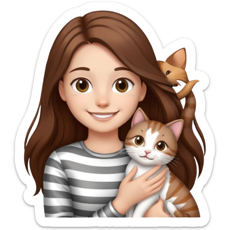 smiling girl with long hair holding a cat with silver stripes sticker
