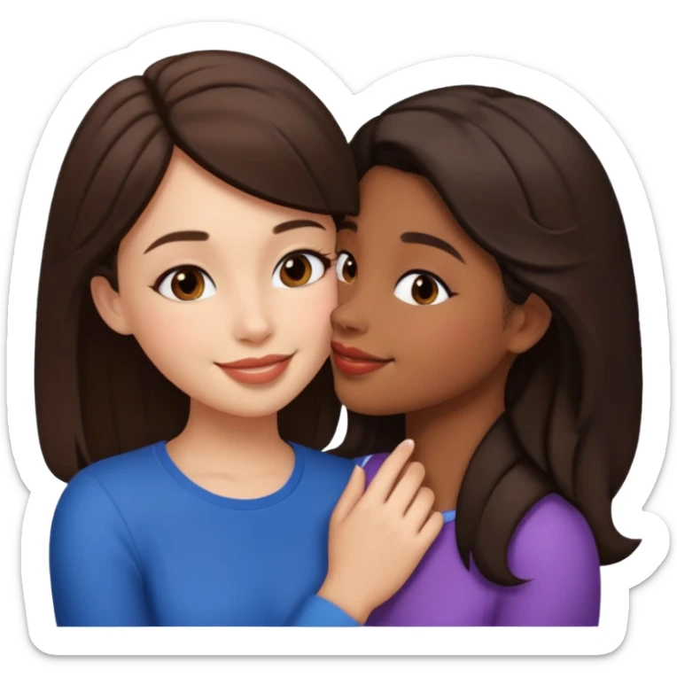 A girl kisses her friend The girls' hair color is dark brown.  sticker