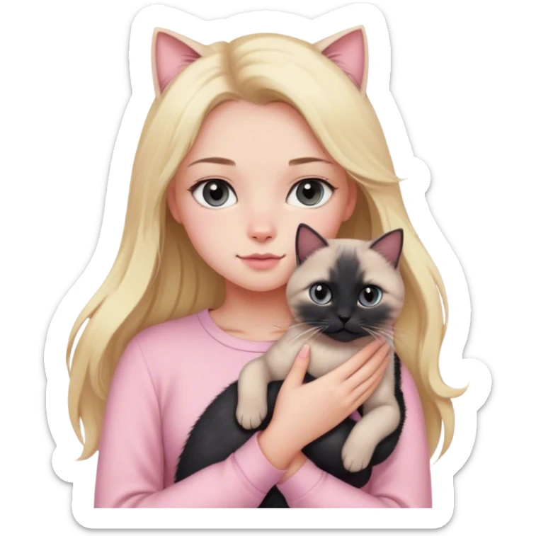 girl with blond long hair, grey eyes and fair skin in pink pastel clothes holds a black British cat in her arms sticker