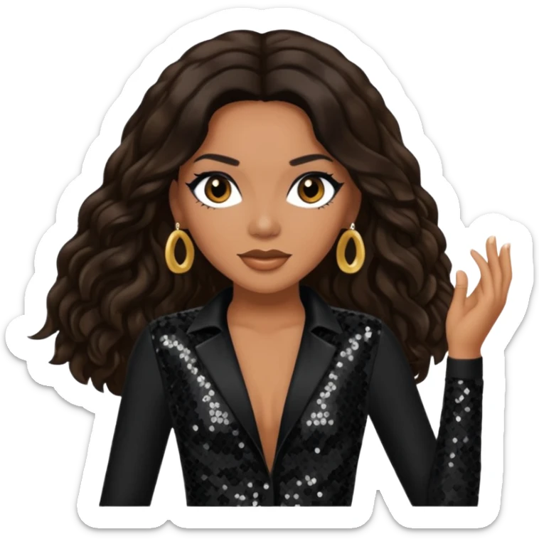 Monica Arnold, R&B Singer with long dark brown hair, black sequin outfit, tan skin sticker