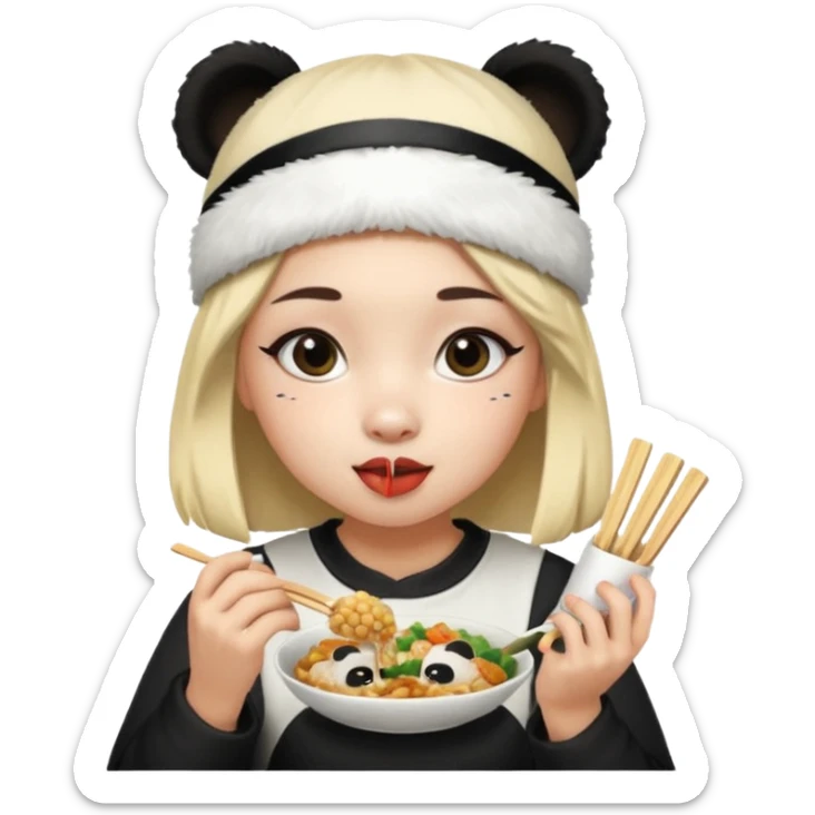 girl wearing panda headband eating asian food sticker