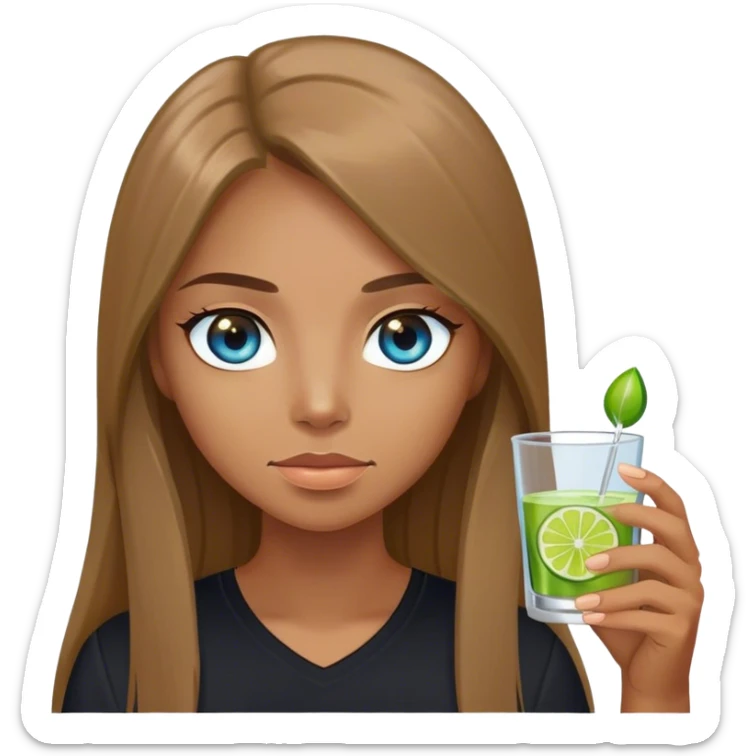 tan woman, black shirt, long light brown straight hair, grey blue eyes, holding a shot with lime sticker