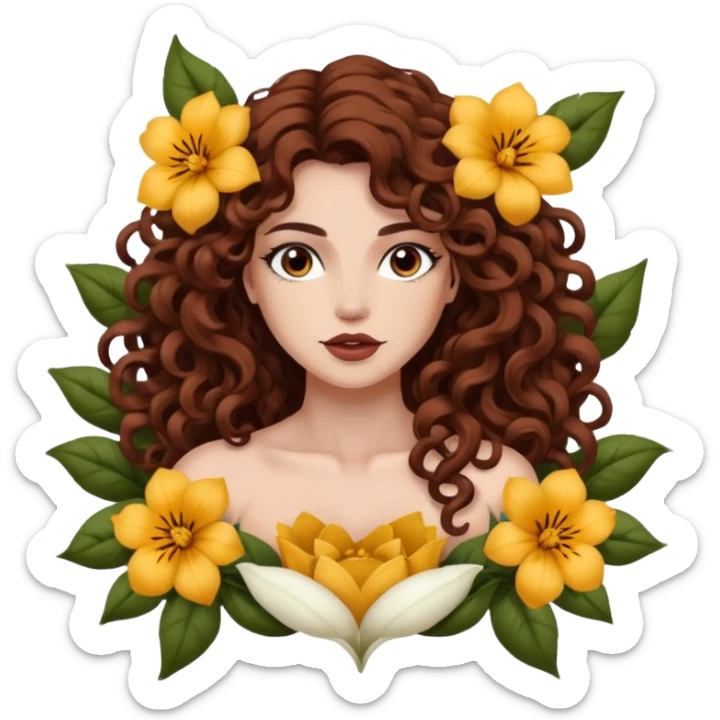 portrait woman long curly brown hair brown eyes white skin tattoos muscular build inside flower petals frame sticker