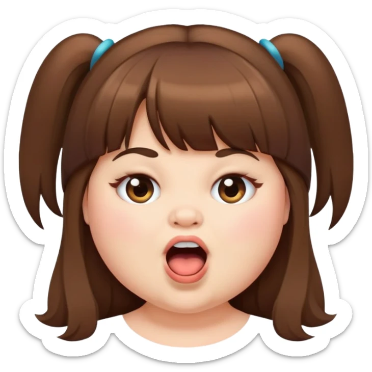 Chubby girl with long hair and bang long lashes and big mouth sticker