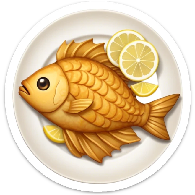 Create a detailed emoji of 'Cazón en adobo,' a traditional Spanish dish from Andalusia. The emoji should show golden-brown, crispy fried fish pieces with a slightly irregular shape, arranged on a small plate or paper wrap. The fish should look crunchy, with a few visible seasonings or texture on the batter. Optionally, include a small wedge of lemon on the side for garnish. The style should match standard food emojis, with a clean and appetizing appearance. sticker