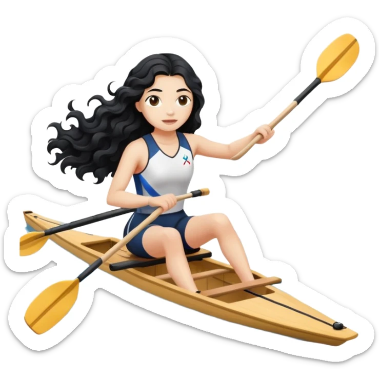 girl with long black wavy hair rowing in Olympic rowing sport, with single oar sticker