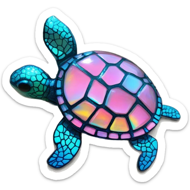 Sparkling cyan pink Turtle made from kaleidoscopic rainbow oilslick cyan glass, stained glass art sticker