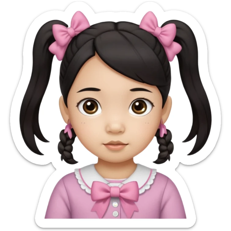 mixed toddler girl asian and american with bow pigtails, dark brown/black hair with big brown eyes emoji sticker