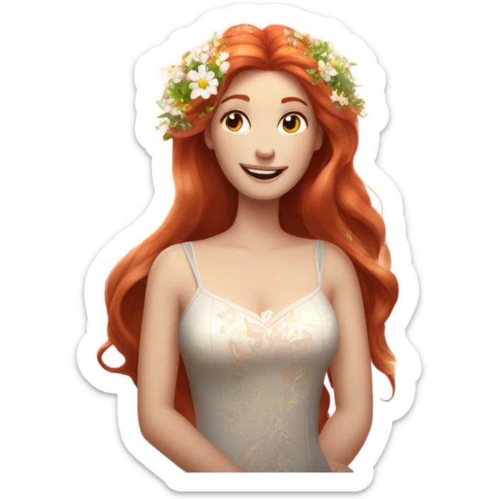 Long Red haired white woman with flowers in her hair surrounded by sparkles  sticker