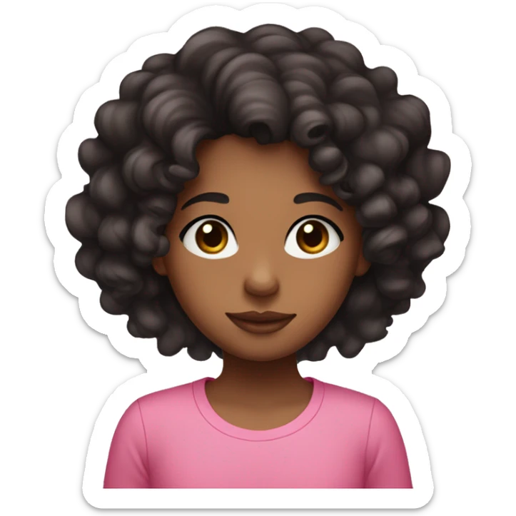 medium brown girl with black curly hair with pink shirt and pink heart eyes sticker