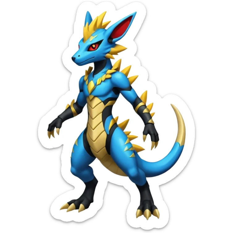 Modern anthropomorphic furry futuristic shiny colorful Zeraora-Salandit-Guilmon-Zekrom-fusion (full body) sticker