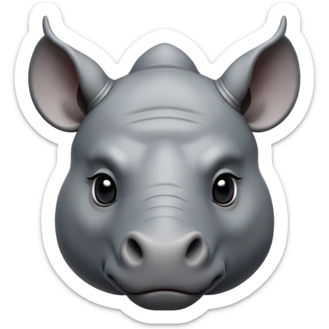 cinematic-noble-cute-rhino-portrait-emoji,slate-grey-hide-poised-and-regal,-with-a-massive,-powerful-build-and-a-thick,--deep-set-soulful-piercing-eyes,-simplified-yet-sharp-and-sophisticated-features,-highly-detailed,-large-black-eyes, white horn, front facing, zoomed out showing shoulders sticker