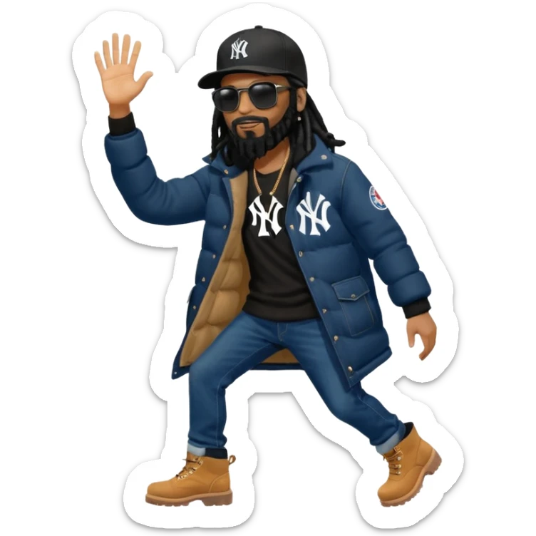 African American man with shoulder length black dreadlocks with black beard wearing black sunglasses wearing a New York Yankees logo baseball cap wearing a dark black bubble winter coat wearing denim skinny jeans and Timberland boots hand giving a high five sticker