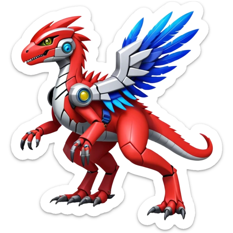 Furry feather-mane Cool Edgy Futuristic shiny colorful Digimon-Fakemon-Guilmon-Velociraptor-Mecha full body   sticker