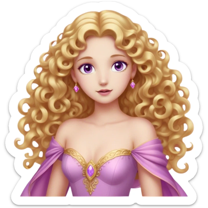 Cinematic Stunning Aurora Portrait Emoji, Ethereal in her flowing pink gown, golden curls shimmering, soft violet eyes filled with serenity, an enchanting glow surrounding her, capturing the beauty of a princess lost in a dream! sticker
