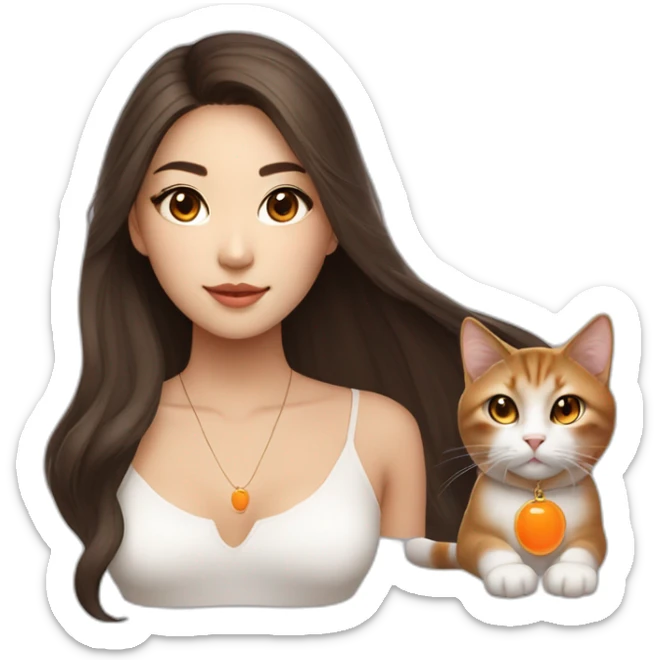 beautiful Asian woman with long brown hair brown almond-shaped eyes, with cat eye makeup and orange usb key on necklace sticker