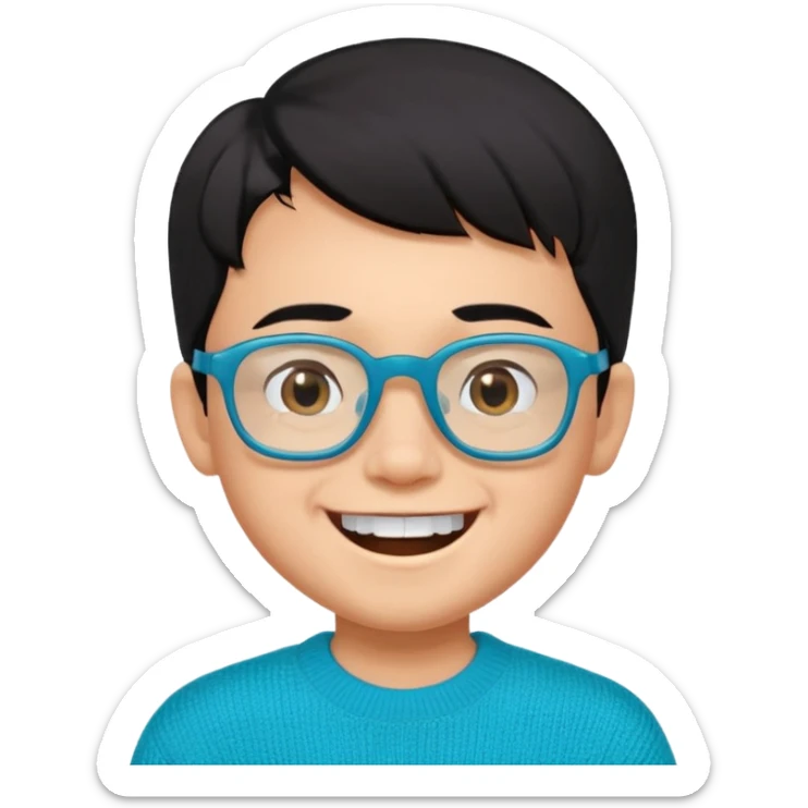 Chico de 7 años, pelo negro y repeinado, piel oscurita pero no mucho, gafas rectangulares azules, sonriente sin 1 diente, jersey verde turquesa y ojos algo rasgados sticker