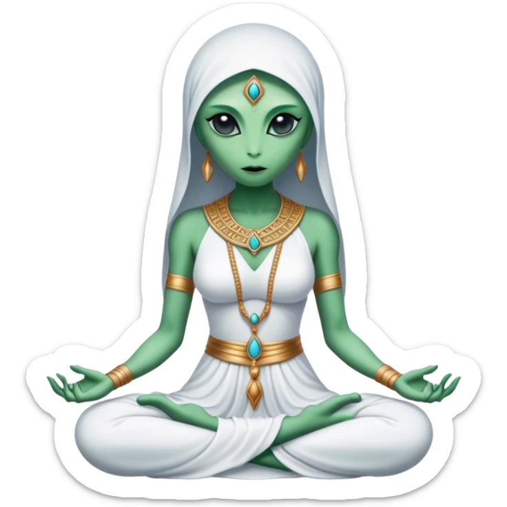 a Reptilian alien woman,in meditation, white dress like a priestess sticker