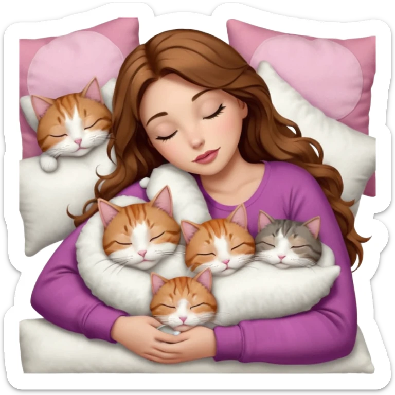 girl with long wavy brown hair, brown eyes, long lashes makeup, sexy pink lips, light to medium complexion,  sleeping on a cozy pillow, with 6 cats: 1 brown and white tabby cat, 1 ginger and white, 2 grey and white, 1 grey with white mittens and small white patch on chest and 1 calico, sleeping sticker