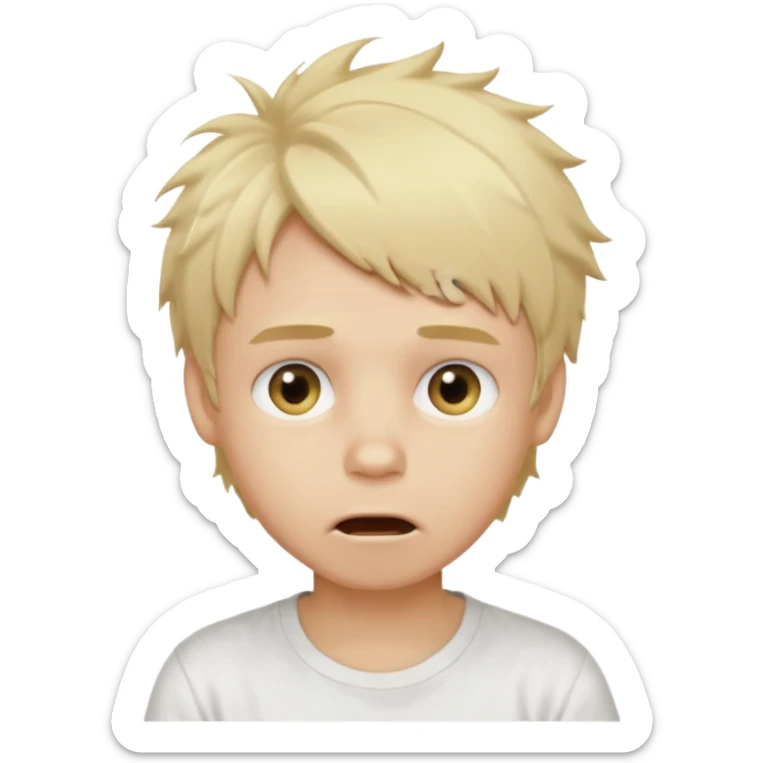 create boy blonde hair messy, light eyes, white t shirt, mouth slightly open to the left sticker