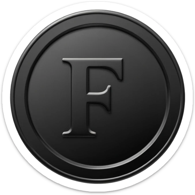 Emoji icon of a black coin with engraved letter F, minimalist style, isolated, no color sticker