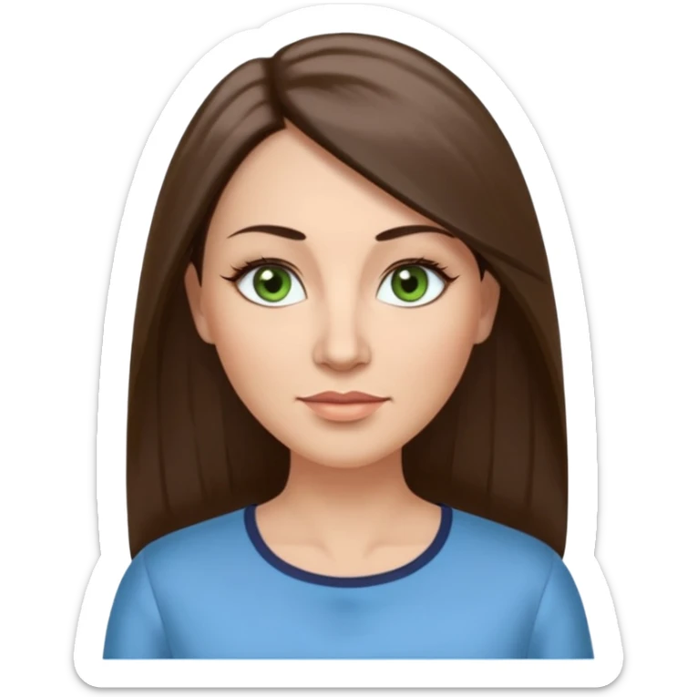 43 year old Adult woman avatar, light skin tone, long, oval face, long straight ashy brown hair, green almond-shaped eyes with dramatic eyelashes and minimal eyeliner, neutral mouth, medium straight eyebrows, small nose, smooth skin, sky blue blouse sticker