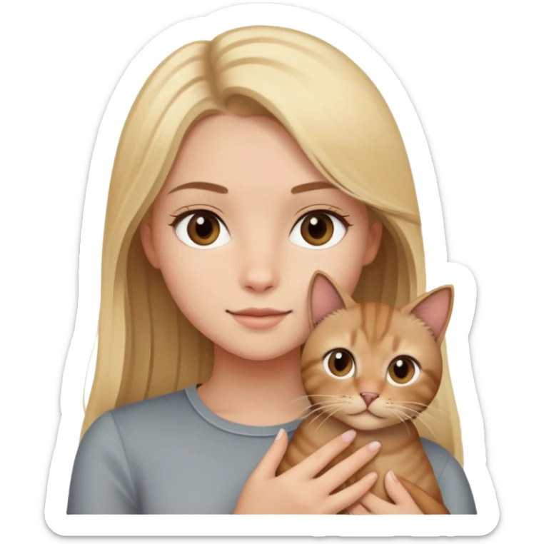 a blonde girl with medium length and straight hair with gray eyes and a brown cat in her arms sticker