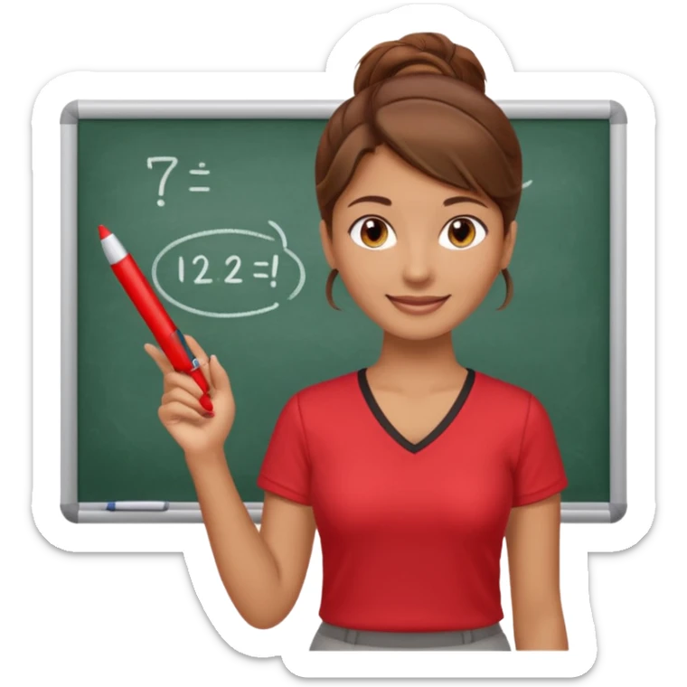 Happy instructor female brown hair whit board hair up red shirt sticker
