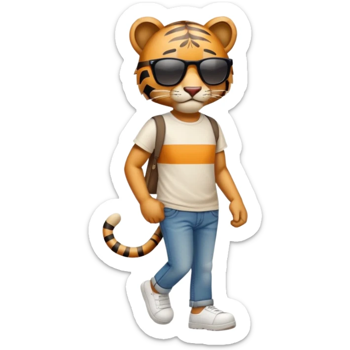 anthropomorphised tiger in a band t-shirt and jeans with sunglasses walking upright, relaxed pose sticker