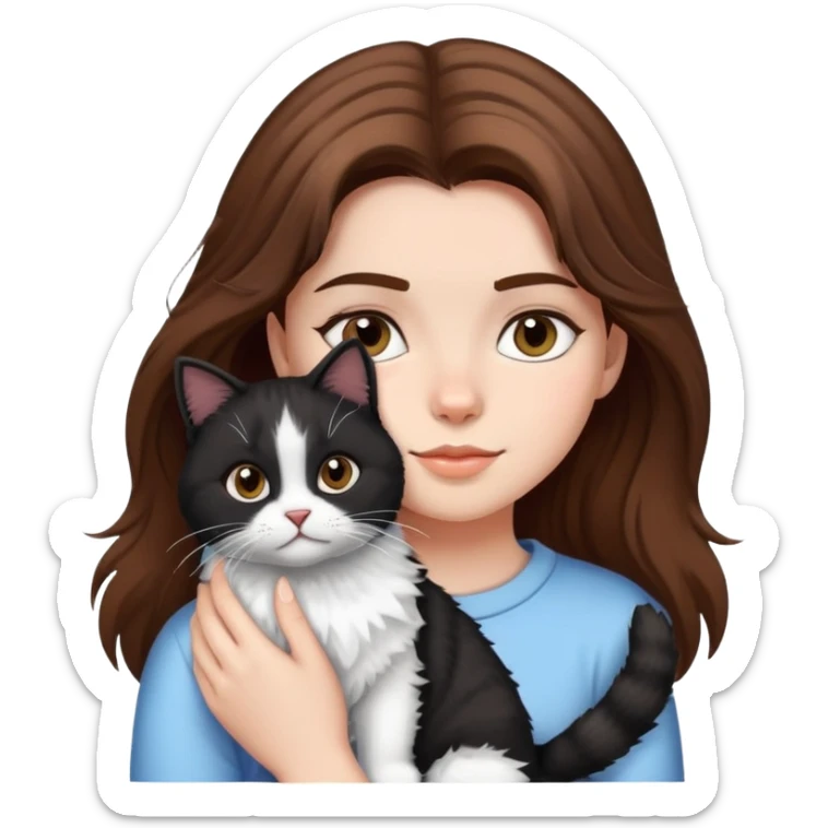 girl with brown hair and her black and white fluffy cat  sticker
