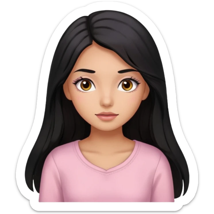 Una chica trigueña con cabello negro y largo, ojos cafés de pestañas largas, blusa rosa pastel  sticker