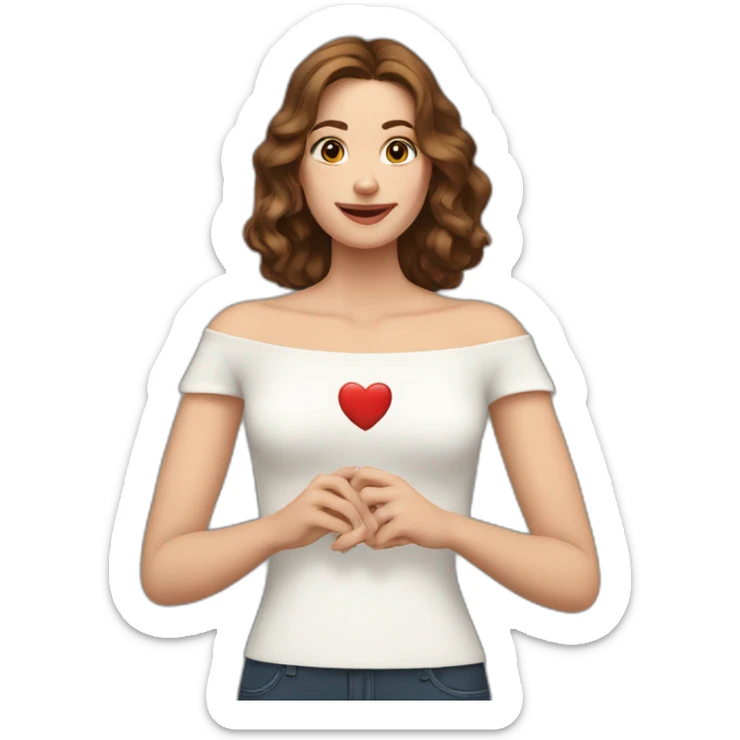 white woman with shoulder-length wavy brown hair, wearing an off-shoulder top, and making heart with her hands sticker