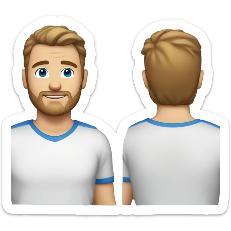 A head and shoulders shot of a 33 year old white man, with short brown hair, with stubble facial hair,   with blue eyes wearing a t-shirt. sticker