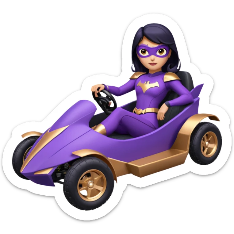 Hot full size real-appearance racing action BatGirl’s Lego feminine midnight-purple tight outfit sixty’s tv show 1992 stealthy retro sporty petite off-road pursuit hovering hover cruiser car rose gold accents (black hair,reclined and relaxed seating position) go kart sticker