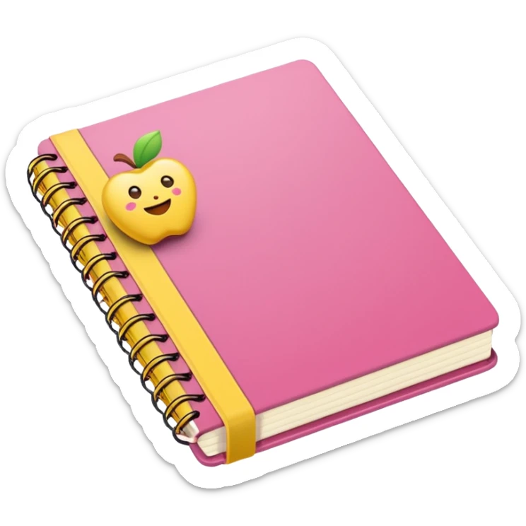 libreta de anillos rosada en perspectiva isometrica con sticker de carita feliz amarilla, sin rubor rosa, con aspecto de emoji de apple sticker