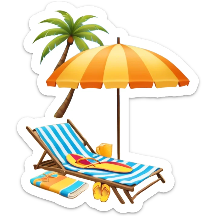 Icon for Beach Tourism: with the blue ocean, orange sunset, yellow sand beach and palm trees in the background, a sun umbrella, flip-flops, and a beach towel on the sand. The icon should represent relaxation and fun at the beach. Transparent background sticker